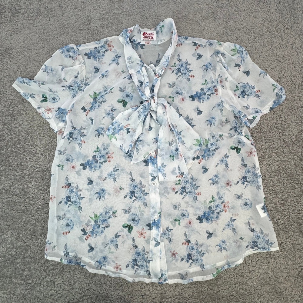 Howdy Hanny Blue Floral Sheer Tie Neck Button Down Blouse XL Short Puff Sleeve